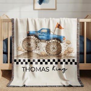 Personalized Monster Truck Baby Blanket, Monster Jam Nursery Decor, Custom Truck Name Crib Blanket, Baby Shower Gift For Boy or toddlers afbeelding 2