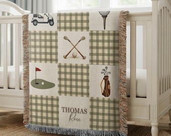 Personalized Golf Baby Blanket With Name, Green Plaid Nursery Decor, Custom Newborn Throw, Baby Shower Gift Woven Fringe Keepsake Golfer Boy