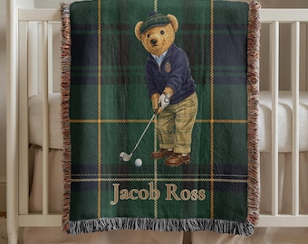 Personalized Polo Teddy Bear Baby Blanket Vintage Nursery Decor For Boys Custom Name Throw, Baby Shower Gift Preppy Sports Baby Gift Golfer