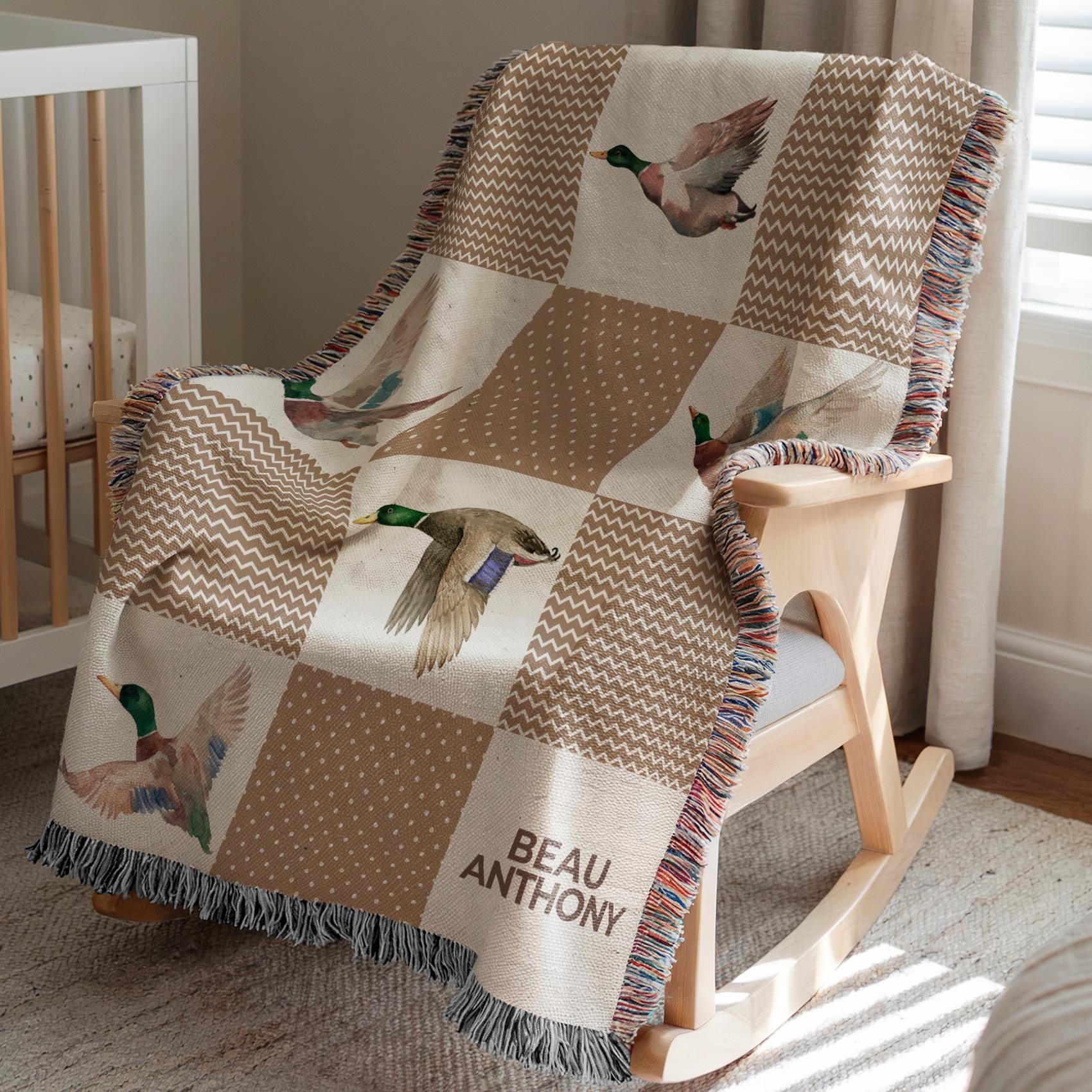 Personalized Baby Blanket With Flying Duck, Neutral Patchwork Nursery ...