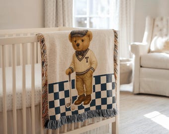 Personalized Teddy Bear Throw Blanket Custom Vintage Style Bear Baby Gift Nursery Decor Bedroom Cozy Vintage Style Plaid Woven Blanket