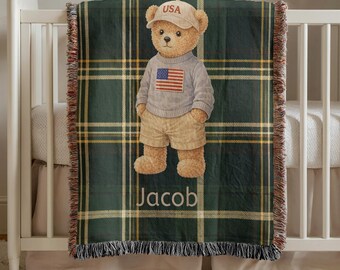 Personalized USA Teddy Bear Baby Blanket Custom Name Plaid Throw For Boys Patriotic Nursery Decor American Flag Baby Shower Gift Patriotic