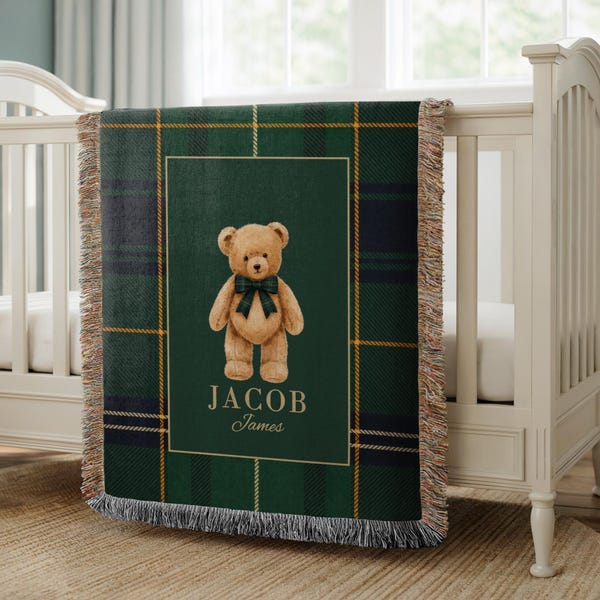 Personalized Polo Bear Baby Blanket For Boys Custom Name Plaid Throw Preppy Nursery Decor, Vintage Equestrian Baby Shower Gift teddy blanket