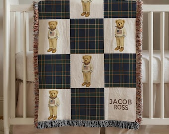 Preppy Teddy Bear Baby Blanket Plaid Custom Throw with American Flag Sweater Classic Vintage Boy Nursery gift Personalized baby gift BabyBoy
