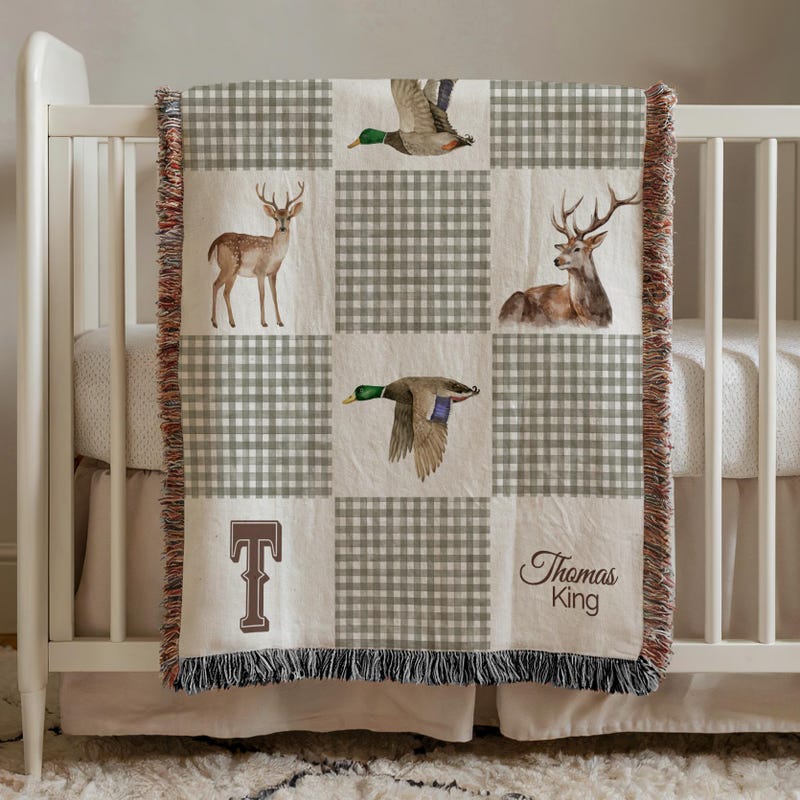 Personalized Hunting Baby Blanket, Custom Name Deer and Duck Nursery Blanket, Woodland Baby Boy Gift, Rustic Cabin Decor, Throw Baby Boy or Girl