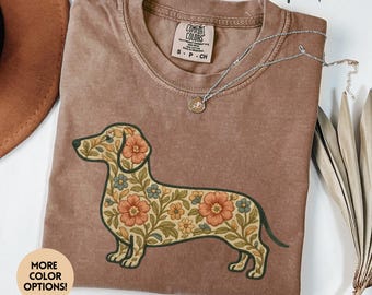 Floral Dachshund Shirt Faux Embroidery Doxie Mom Tee Coquette Dog Lover Gift Wiener Dog Shirt Boho Sausage Dog Top Gift for Dog Mom New Pet