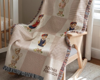 Personalized Tennis Teddy Bear Baby Blanket, Custom Name Patchwork Throw For Girls, Vintage Nursery Gift, Baby Shower Keepsake vintage baby