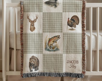 Personalized Hunting Baby Blanket Deer Bear Trout Baby Name Blanket Rustic Woodland Nursery Decor Outdoor Gift  Custom Throw toddle girl boy