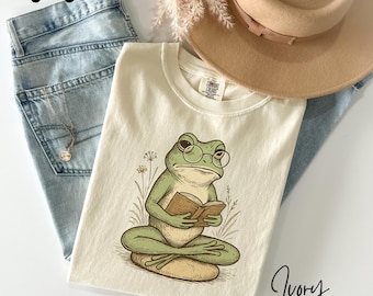 Comfort Colors Frog Reading Shirt Bookish Cottagecore Toad Tee Funny Librarian Gift Nature Book Lover Shirt Retro Animal Tee funny frog