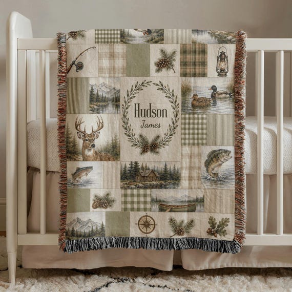 Personalized Hunting Baby Blanket, Fishing Baby Name Blanket, Rustic Woodland Nursery Decor, Deer Duck Bass Gift, Custom Woven Throw