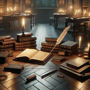 Peut inclure: Une bibliothèque faiblement éclairée avec des piles de livres anciens, une plume et des bougies allumées sur des tables en bois. Les livres sont reliés en cuir avec des motifs ornés et des accents dorés.