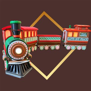 May include: A red, green, and brown toy train with a light-up engine and three cars. The train is decorated with candy cane wheels and the words "Polar Express" and "Love-Joy-Peace" on the cars.