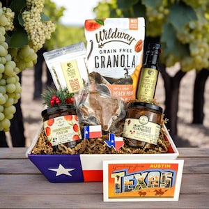 Hill Country Heaven Texas Gift Basket, Personalized Basket with Grain Free Granola, Olive Oil, and Bread Dipping Spices, Housewarming Gift
