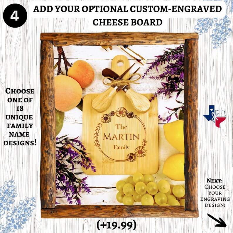 Op de afbeelding: Een houten kaasplank met een gegraveerd ontwerp met de tekst "The Martin Family". De plank is omringd door fruit en bloemen. De plank kost 19,99 euro.