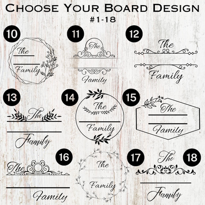 Op de afbeelding: Een selectie van 18 verschillende ontwerpen voor een gepersonaliseerd snijplank. Elk ontwerp heeft een unieke combinatie van tekst, bloemelementen en decoratieve versieringen. De tekst bevat "The Family" en een lege ruimte voor een aangepaste naam.
