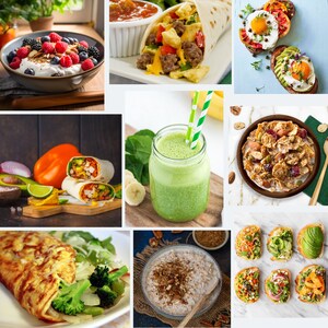 May include: A collage of images featuring various breakfast foods, including a bowl of yogurt with berries and granola, a breakfast burrito, a smoothie, a bowl of cereal, a plate of oatmeal, and a plate of avocado toast.