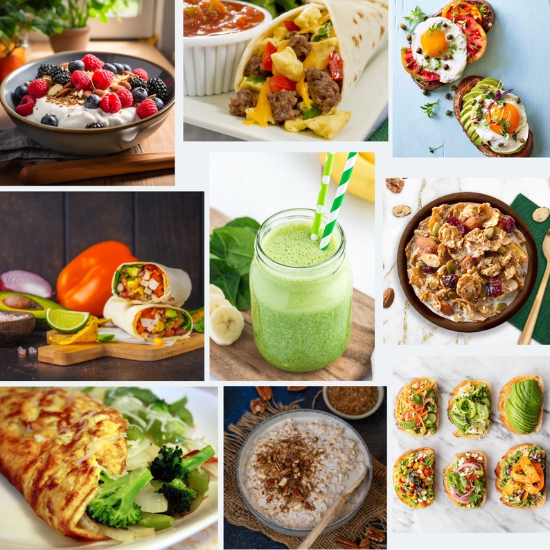 May include: A collage of images featuring various breakfast foods, including a bowl of yogurt with berries and granola, a breakfast burrito, a smoothie, a bowl of cereal, a plate of oatmeal, and a plate of avocado toast.
