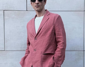 Blazer fait main en lin terre cuite - Veste de mariage bohème pour hommes