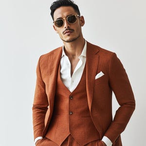 Men's Rust Linen 3 Piece Suit, Terracotta Linen Suit, Grooms Wear Suit, Wedding Linen Suit, Summer Linen Suit Custom Linen Suit Men