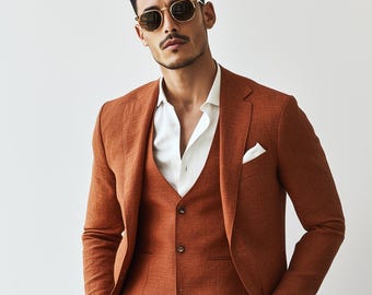 Men&#39;s Rust Linen 3 Piece Suit, Terracotta Linen Suit, Grooms Wear Suit, Wedding Linen Suit, Summer Linen Suit Custom Linen Suit Men