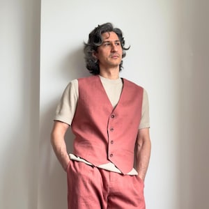 Mens Linen Waistcoat - Terracotta Groom Vest - Men&#39;s Waistcoat - Men&#39;s Vest - Simple Wedding Vest - Forest Wedding Attire