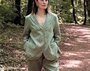 Sage Green Linen Suit for Women, Handmade Oversized Blazer & Pants