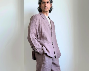 Dusty Lavender Linen Suit For Men - Custom Mens Linen Suit - Men Linen Suit with embroidery - Casual Linen Suit with elastic waist