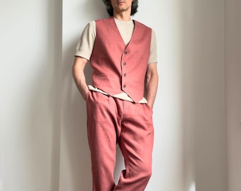 Terracotta Linen Suit Set - Handmade Mens Vest and Trousers