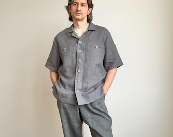 Oversized Charcoal Linen Shirt, Short Sleeve Mens Button-Up