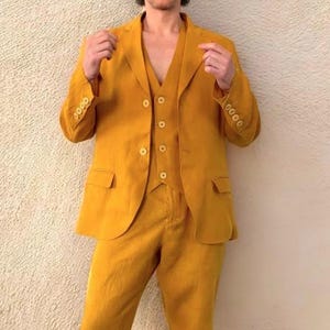 Premium Mustard Yellow Linen Suit For Men - Summer Linen Suit - 3 Piece Wedding Groom Linen Suit - Groomsmen Linen Suit - Mens Linen Suit