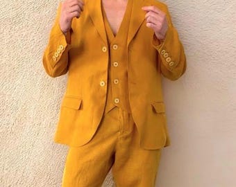 Premium Mustard Yellow Linen Suit For Men - Summer Linen Suit - 3 Piece Wedding Groom Linen Suit - Groomsmen Linen Suit - Mens Linen Suit