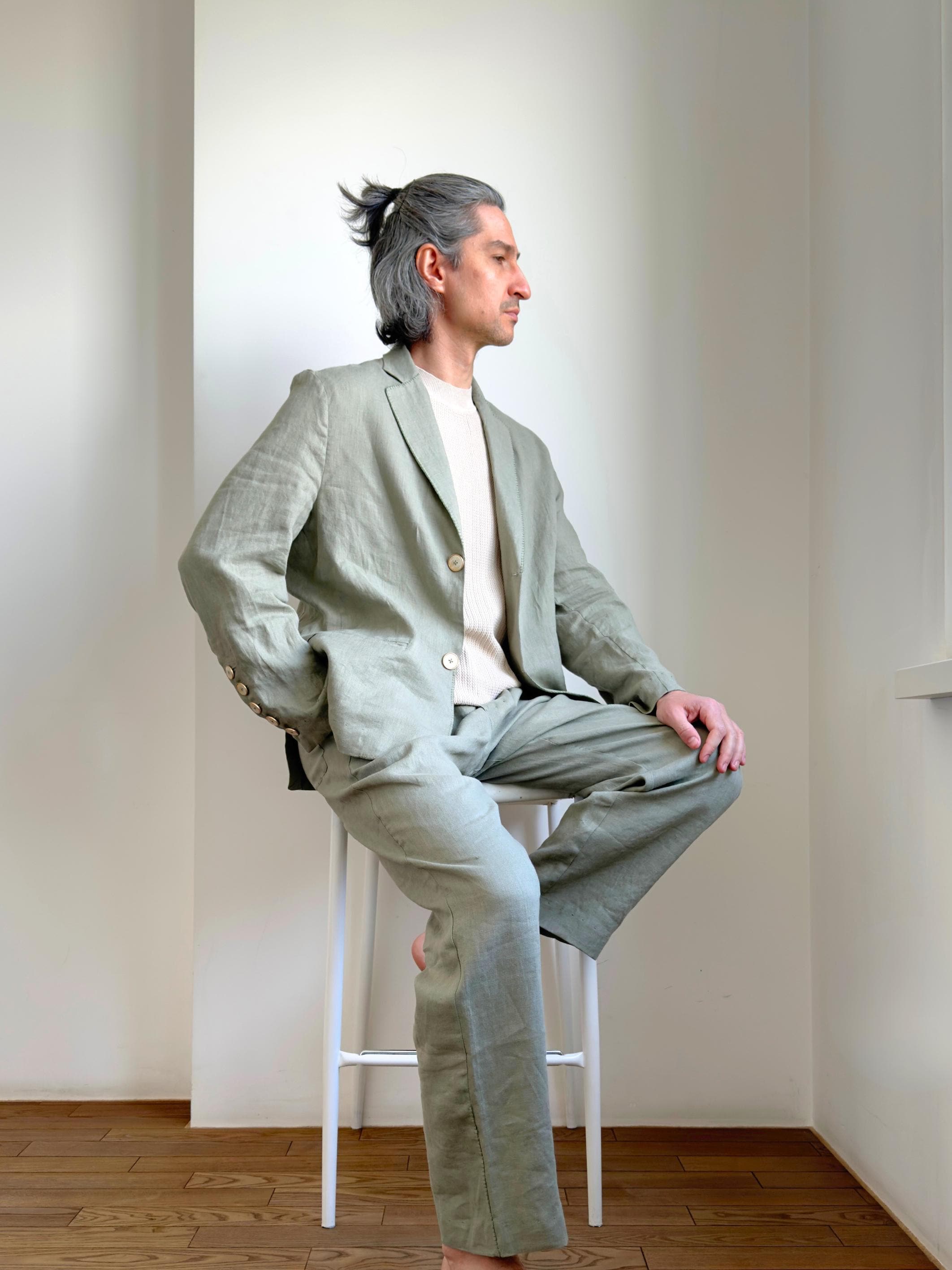 Sage Green Linen Suit - Buttoned Mens Linen Suit - Casual Linen Suit for Men with embroidery - Summer Linen Suit with elastic waist