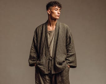 Kimono-Set für Herren aus natürlichem Leinen, lässige Haori-Jacke und -Hose, Resort-Loungewear