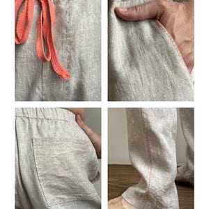 May include: Close-up shots of linen pants in various views. The pants are a light beige color with orange drawstring and stitching details. The images show the drawstring, pockets, and the overall fit of the pants. The fabric appears to be lightweight and breathable.