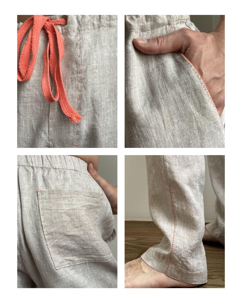 May include: Close-up shots of linen pants in various views. The pants are a light beige color with orange drawstring and stitching details. The images show the drawstring, pockets, and the overall fit of the pants. The fabric appears to be lightweight and breathable.