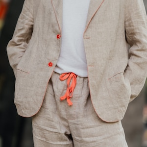 Mens Custom Jacket with Embroidery - Beige Summer Linen Jacket - Off White Mens Linen Blazer for Men with no Lining - Linen Wedding Jacket