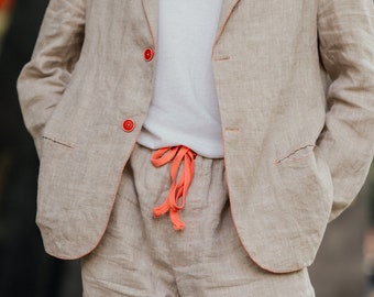 Custom Embroidered Linen Jacket - Beige Bohemian Blazer, Handmade