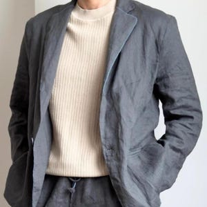 Charcoal Linen Suit For Men - Mens Linen Suit with embroidery - Linen Suit with elastic waist - Buttoned Mens Linen Set - Linen 2 Piece Set