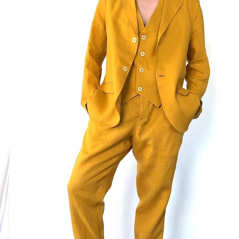 Mens Mustard Linen Leisure Suit