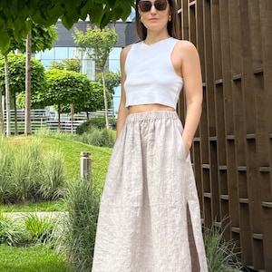 Linen Maxi Skirt - Long Linen Skirt with Pockets - Elastic Waist %100 Linen Skirt - Women&#39;s Linen Skirt - Long Skirt For Women