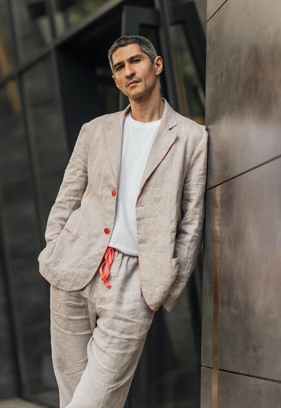 chinese dress ladies Off White Men Linen Suits Men's Summer Linen Suits Beach Wedding 2 Piece Tailored Fit Single Breasted Outfits CS4523 US42/36 / Blue