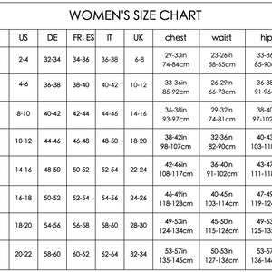 K&ouml;nnte beinhalten: Gr&ouml;&szlig;entabelle f&uuml;r Damen mit EU-, US-, DE-, FR/ES-, IT- und UK-Gr&ouml;&szlig;en. Brust-, Taillen- und H&uuml;ftma&szlig;e in cm und Zoll, von XS bis 3X.