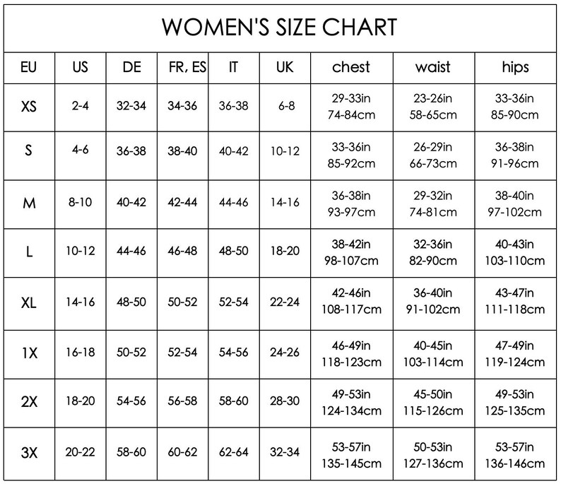 K&ouml;nnte beinhalten: Gr&ouml;&szlig;entabelle f&uuml;r Damen mit EU-, US-, DE-, FR/ES-, IT- und UK-Gr&ouml;&szlig;en. Brust-, Taillen- und H&uuml;ftma&szlig;e in cm und Zoll, von XS bis 3X.
