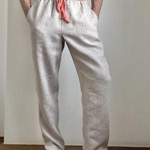 Pantalons en lin pour hommes avec broderie - Pantalons d'été en lin pour hommes - Pantalons biologiques pour hommes - Pantalons en lin naturel - Pantalons de plage pour hommes