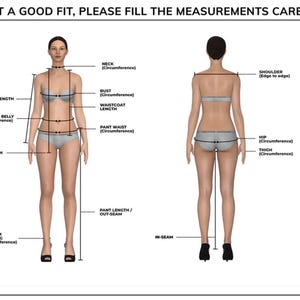 K&ouml;nnte beinhalten: Diagramm, das K&ouml;rperma&szlig;e f&uuml;r Kleidung veranschaulicht. Das Bild zeigt eine Vorder- und R&uuml;ckansicht einer Person mit beschrifteten Messpunkten, einschlie&szlig;lich Hals, Brust, Taille und &Auml;rmell&auml;nge. Der Text oben lautet: "TO GET A GOOD FIT, PLEASE FILL THE MEASUREMENTS CAREFULLY."