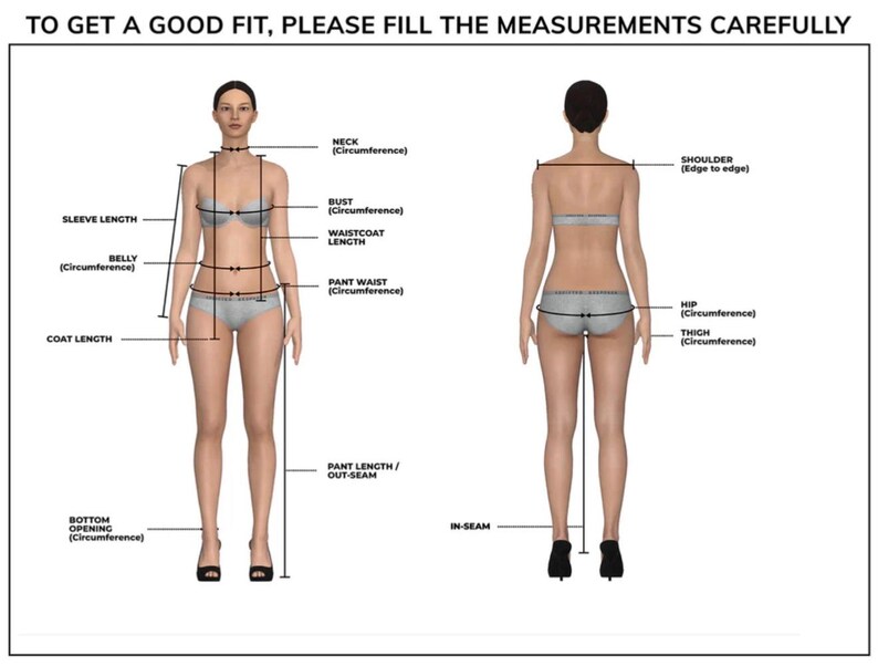 K&ouml;nnte beinhalten: Diagramm, das K&ouml;rperma&szlig;e f&uuml;r Kleidung veranschaulicht. Das Bild zeigt eine Vorder- und R&uuml;ckansicht einer Person mit beschrifteten Messpunkten, einschlie&szlig;lich Hals, Brust, Taille und &Auml;rmell&auml;nge. Der Text oben lautet: "TO GET A GOOD FIT, PLEASE FILL THE MEASUREMENTS CAREFULLY."