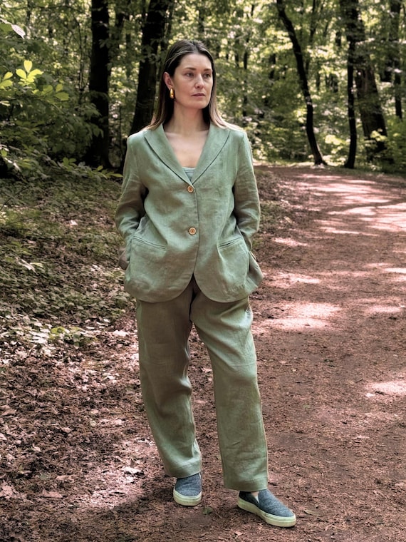 Sage Green Linen Suit for Women, Handmade Oversized Blazer & Pants