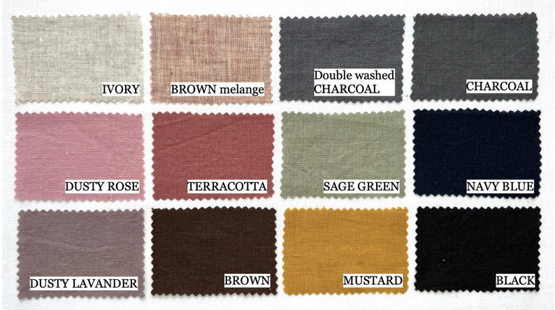 May include: A collection of fabric swatches in various colors, including ivory, brown melange, dusty rose, terracotta, sage green, navy blue, dusty lavender, brown, mustard, and black. Each swatch has a scalloped edge and a label with the color name.