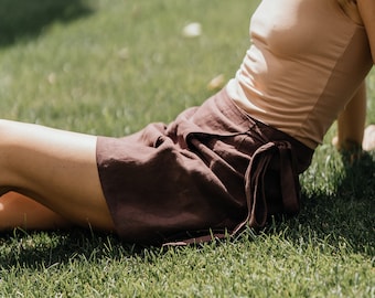 Linen Wrap Mini Skirt - Brown Beach Belted Tulip Skirt