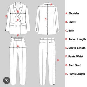 May include: Diagram of a suit with labeled measurement points. The diagram shows a blazer and pants, with lines indicating measurements for shoulder, chest, belly, jacket length, sleeve length, pants waist, pant seat, and pants length.